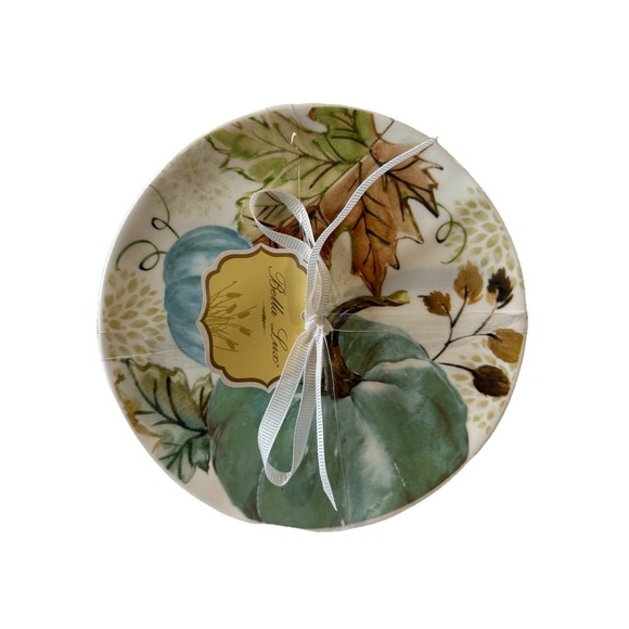 Bella Lux Fall Pumpkin Dessert Plate Set Of 4 Teal Orange Green - Picture 1 of 2